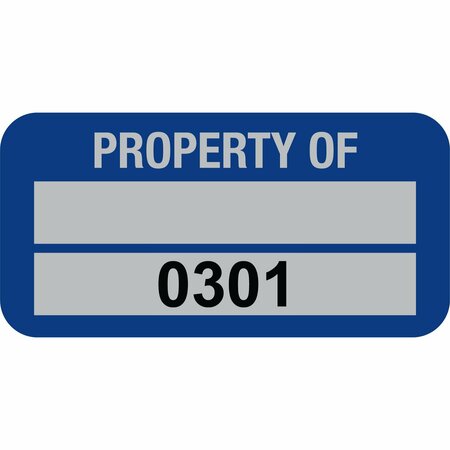 LUSTRE-CAL PROPERTY OF Label, 5 Alum Dark Blue 1.50in x 0.75in  1 Blank Pad & Serialized 0301-0400, 100PK 253769Ma2Bd0301